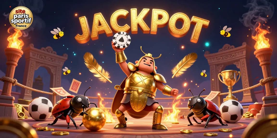 Jouer sur site paris sportif France avec une scène dynamique de succès en paris où un scarabée héros soulève un jeton de poker.