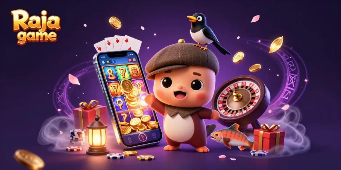 Engage in Raja game excitement with colorful slots, golden coins, and lively characters.