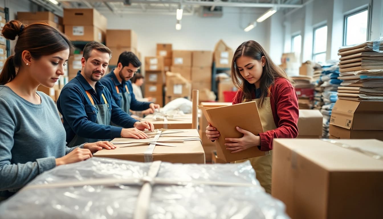 Professional Packing Services demonstrating expert packers wrapping items safely in a clean workspace.