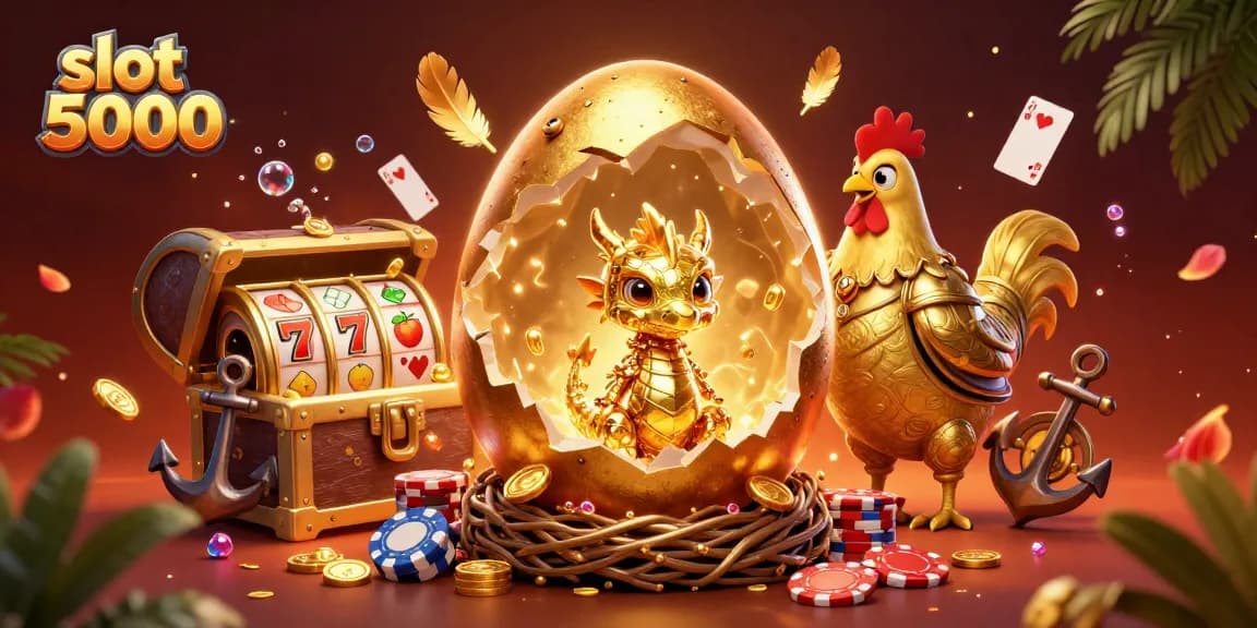 Mainkan slot 5000 dan menangkan hadiah dengan naga emas dan harta karun di latar menakjubkan.