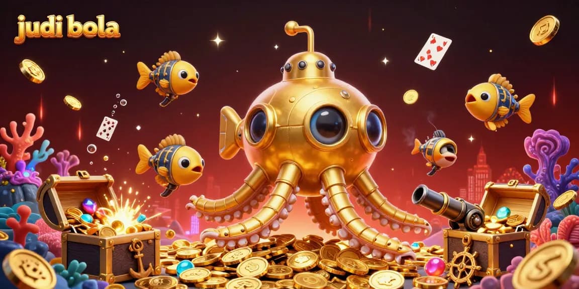 Menangkan permainan judi bola dengan ilustrasi 3D kraken emas yang dikelilingi koin dan kartu.