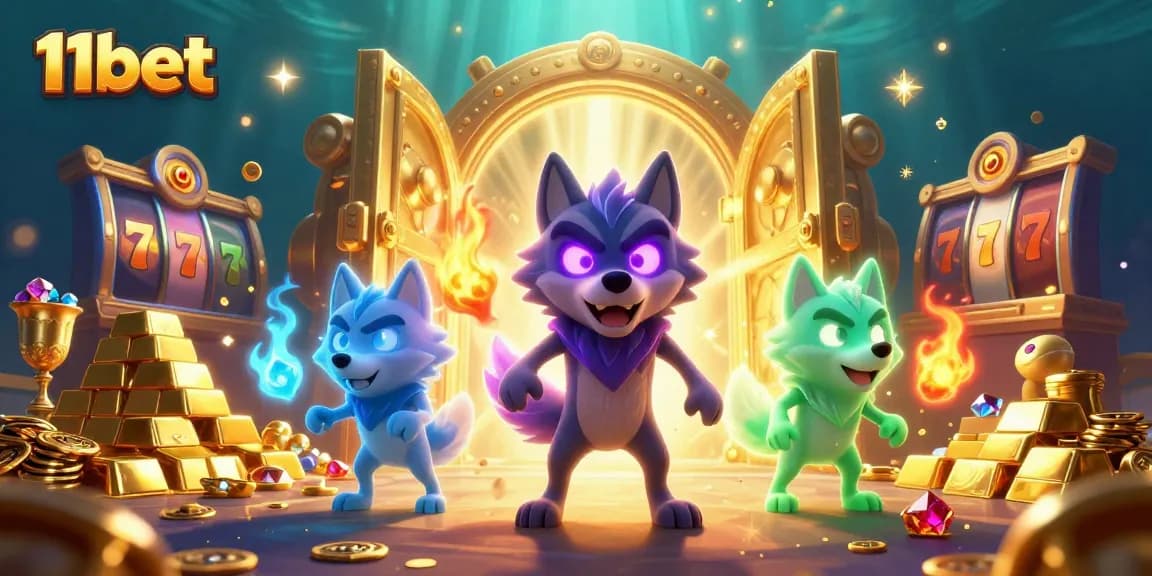 Experience the thrill of 11bet with luminous wolves surrounded by jackpot slots and treasures.