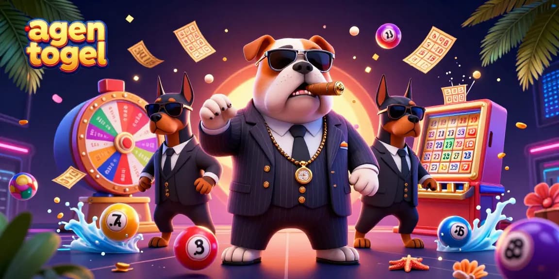 Experience the thrill of agen togel with vibrant lottery elements surrounding a mafia-themed scene.
