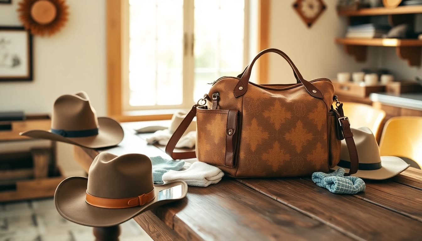 View a beautifully designed western diaper bag showcased in a rustic setting.