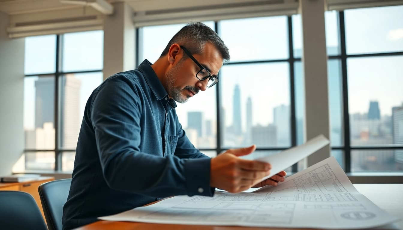 New York City General Contractor analyzing project designs in a modern office