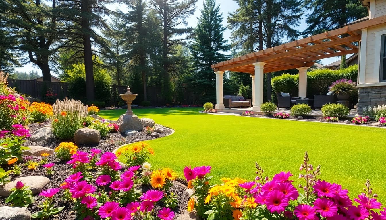 Create stunning backyard landscaping with colorful flower beds, cozy seating, and lush greenery.