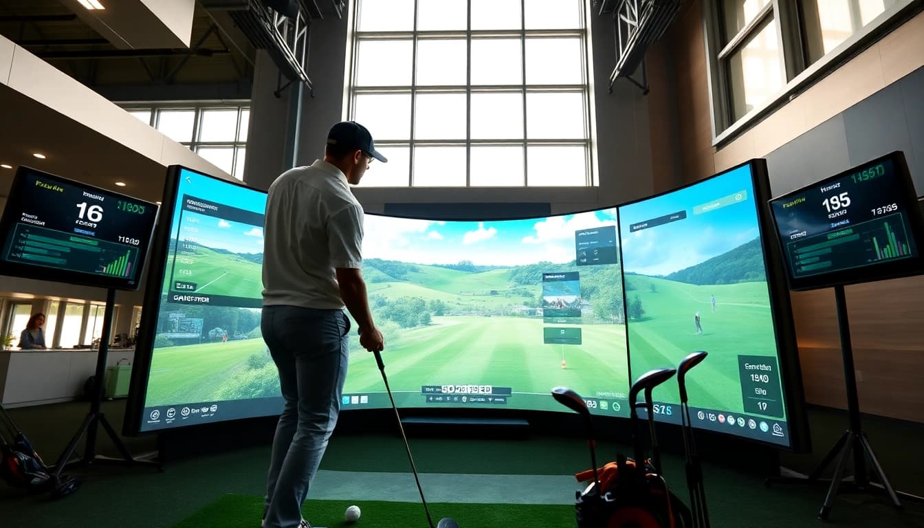Golfer using a simulator at a state-of-the-art facility, showcasing skill and technology.