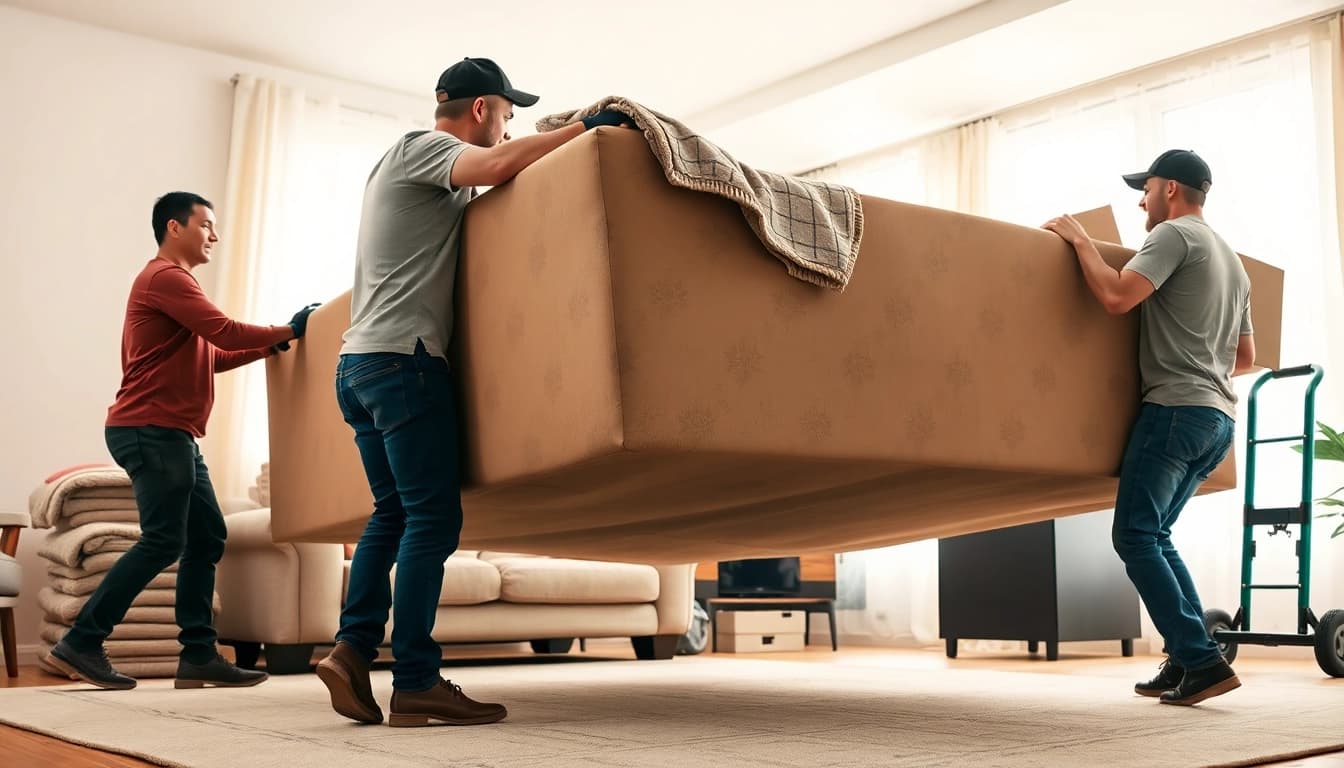 Movers positioning an oversized item with care during oversize item moves in a brightly lit living room.