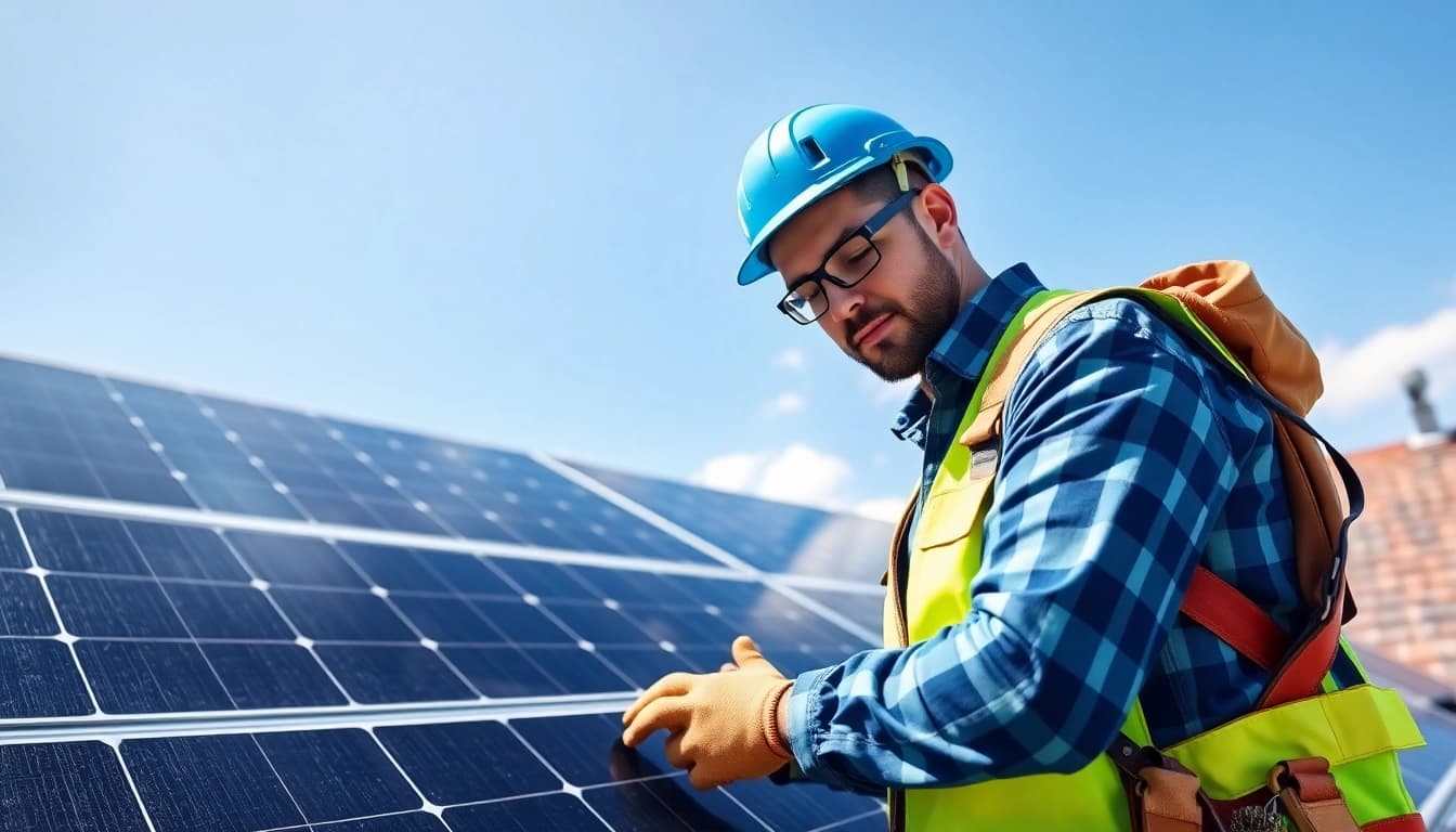 Solar repair company New Jersey technician inspecting solar panels on a roof, showcasing professional maintenance.