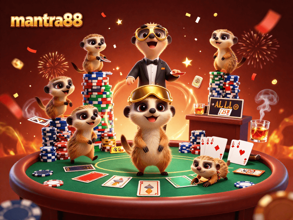 Experience mantra88 with meerkats managing a vibrant online casino atmosphere.
