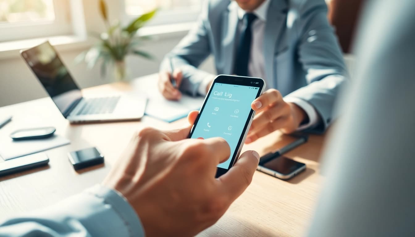 Check telephone number using a smartphone in a modern office environment for verification.
