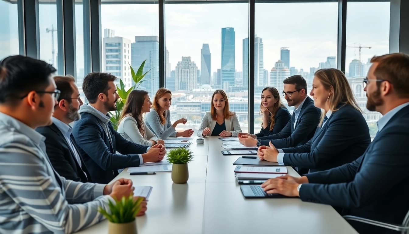Diskussion über csc hamburg in modernem Büro mit Blick auf Hamburg.