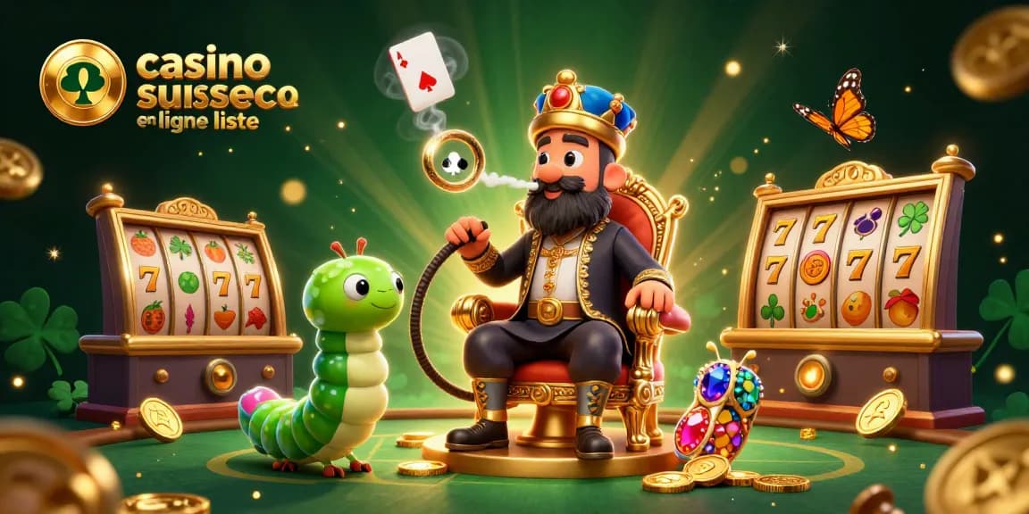Illustration dynamique d'une liste de casinos suisses en ligne avec personnages et éléments de jeu colorés.