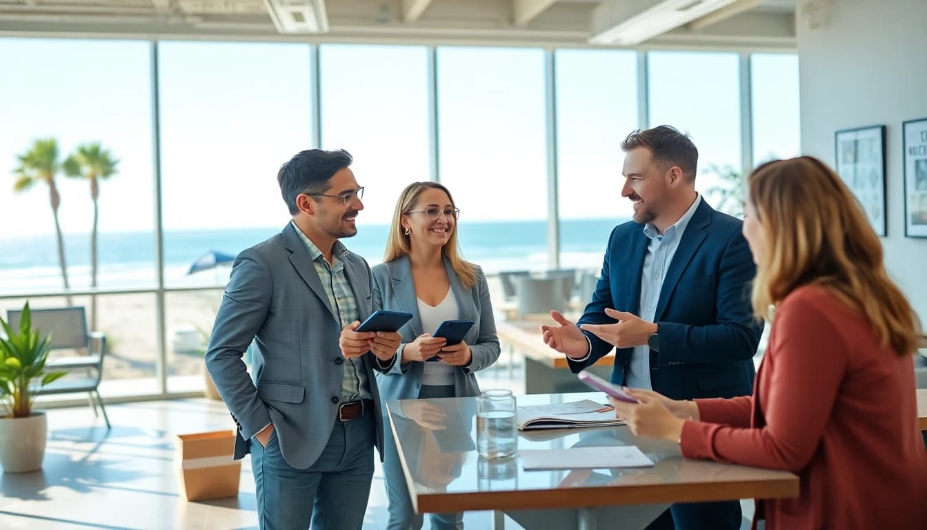 Showcase top real estate agents Pensacola Florida assisting clients professionally in a bright office setting.