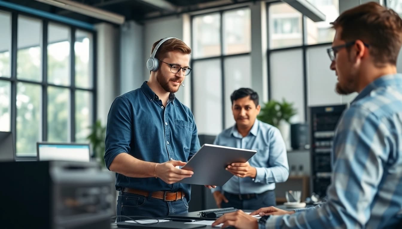IT support for small business technician assisting owner in a modern office