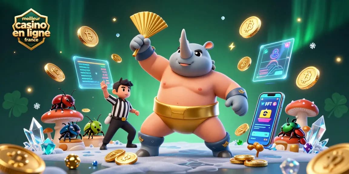 Un rhinocéros scarabée sumo champion illustrant le meilleur casino en ligne France avec des pièces d'or volantes et un cadre festif.