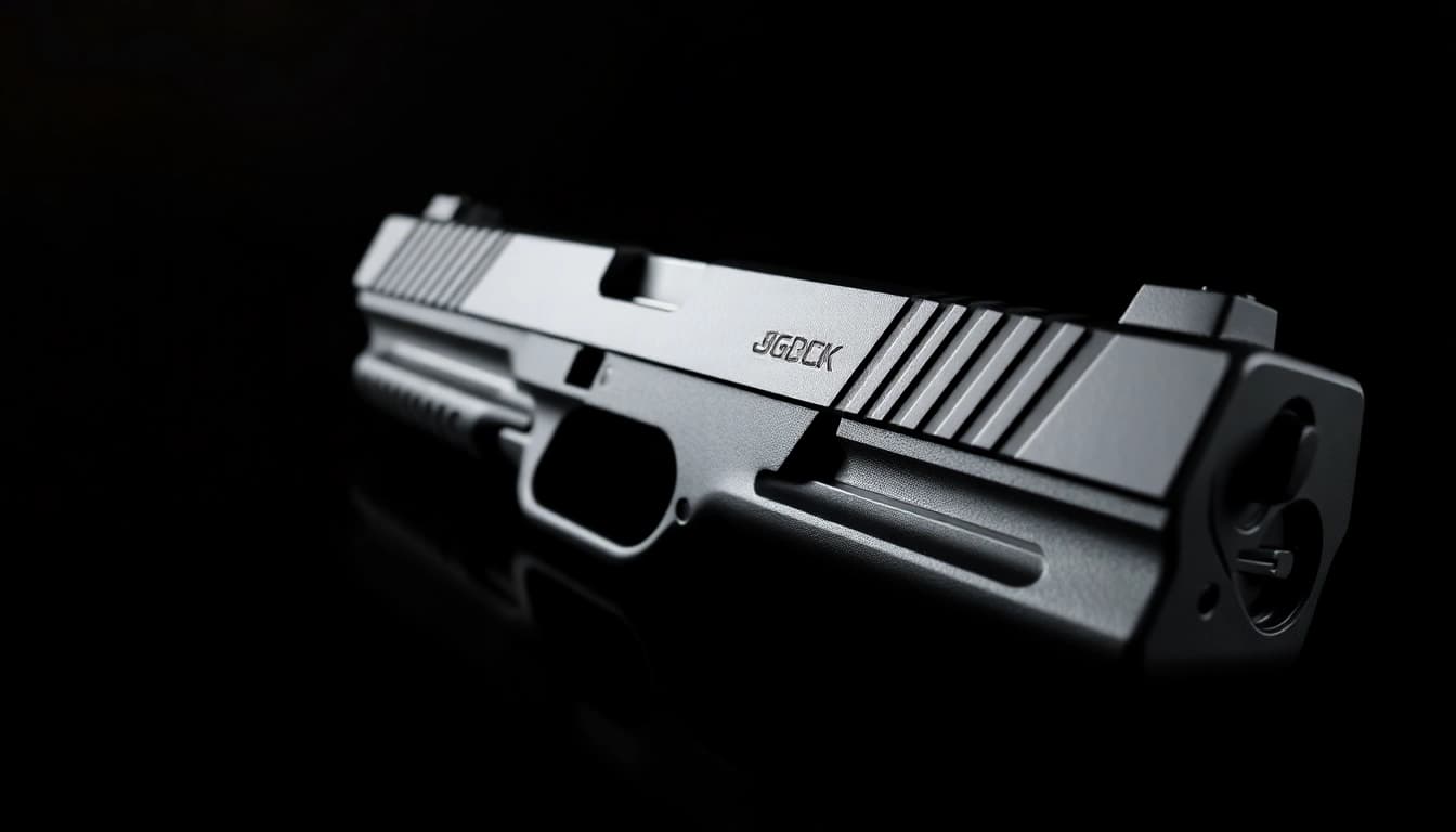 Showcasing a glock 17 slide with detailed metal texture and precise craftsmanship.