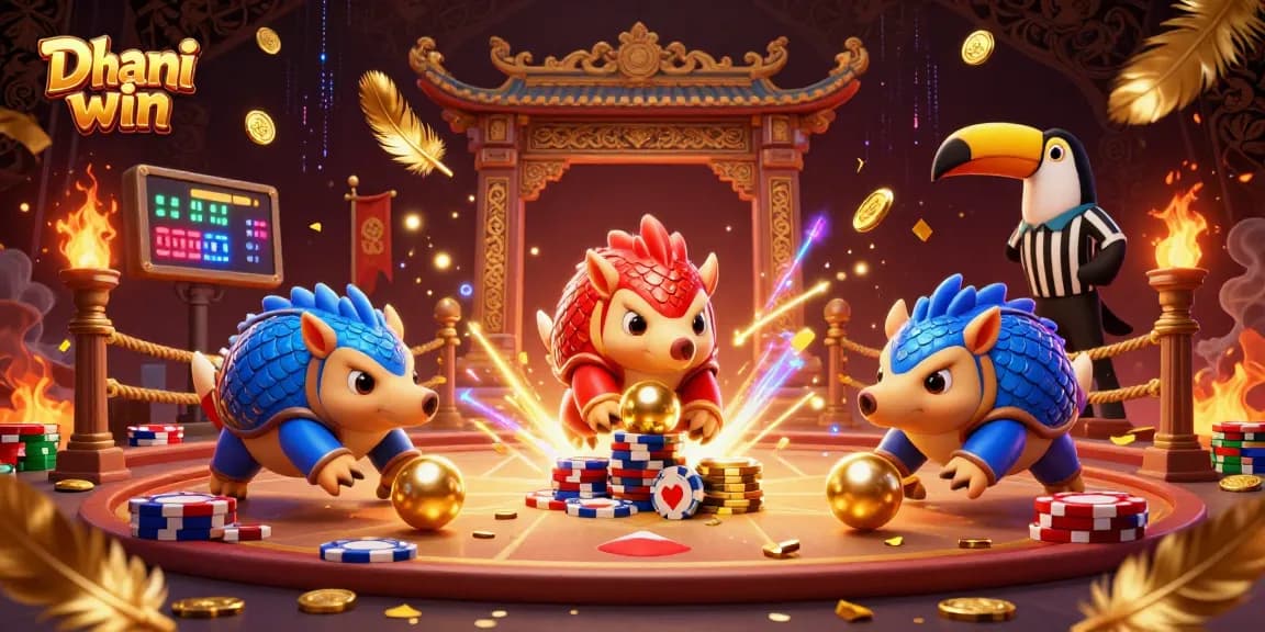 Dive into the Dhani win gaming experience with vibrant pangolins battling through poker chips to win exciting rewards.