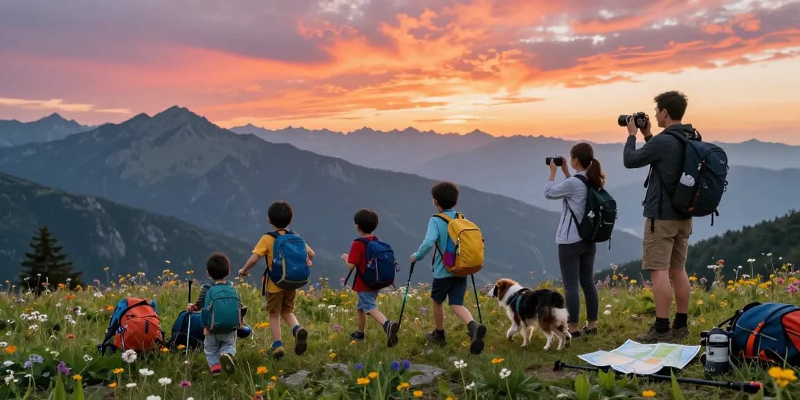 Family adventure exploring mountain scenery at sunset with backpacks, reflecting the spirit of thatmountainlife.com.