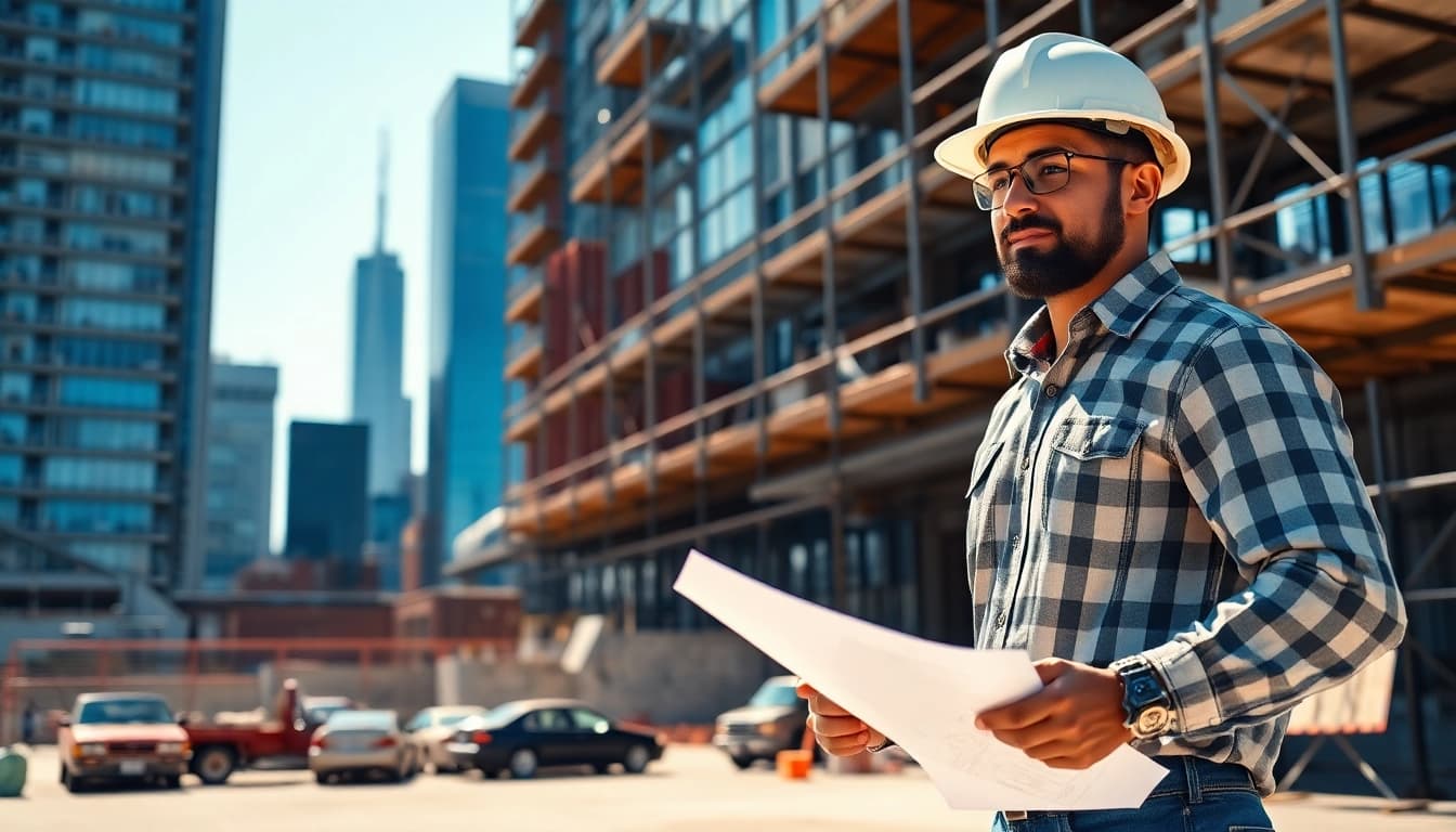 New York City General Contractor supervising a vibrant construction project with urban skyline backdrop.
