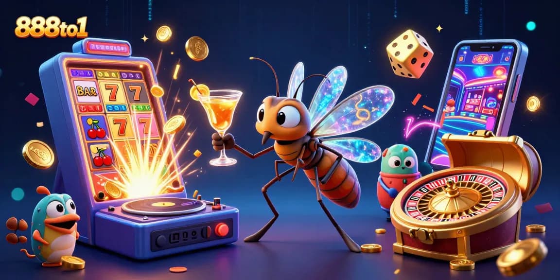 Spin the reels and win big at 888to1 with these vibrant casino elements and characters.