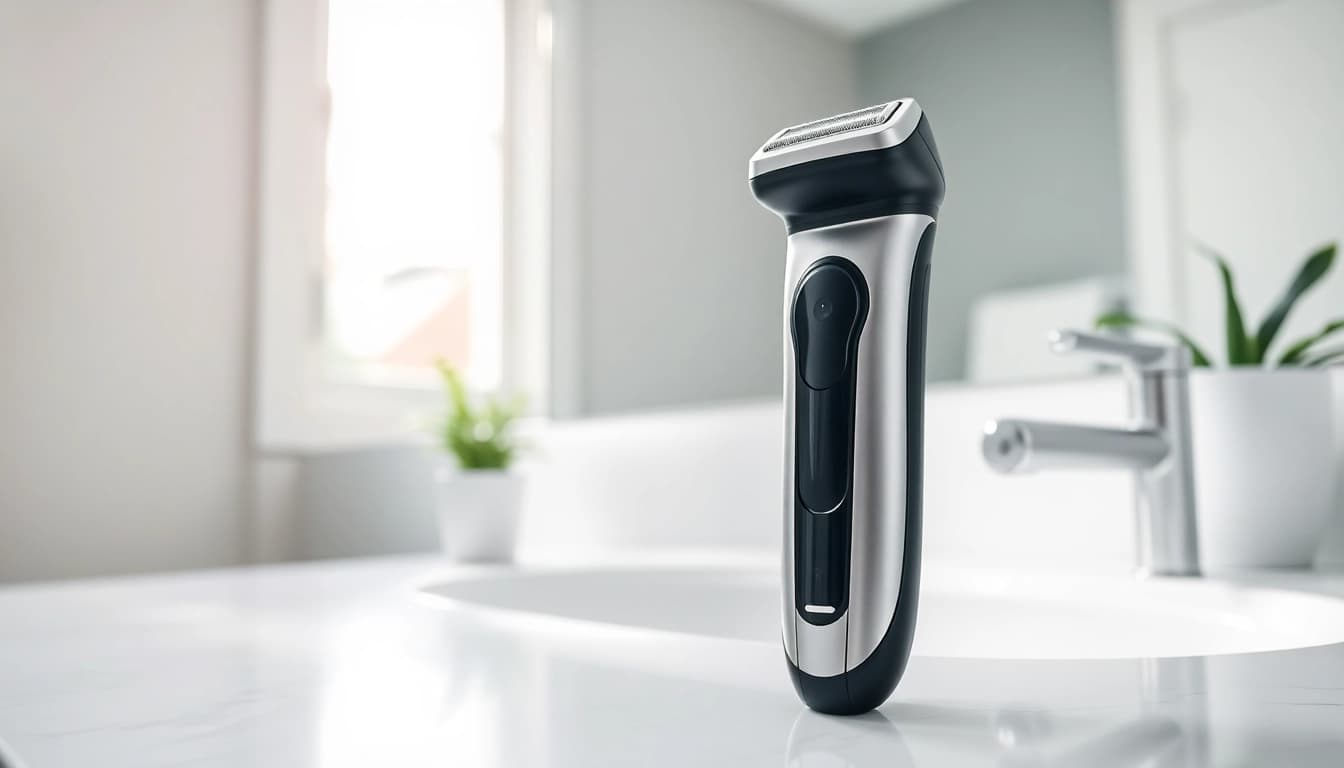 Close-up of one blade electric shaver highlighting its sleek design and ergonomic features.