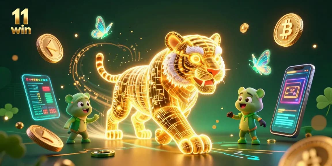 Experience the thrill of 11 win in an ultra-detailed 3D casino scene with vibrant digital elements.