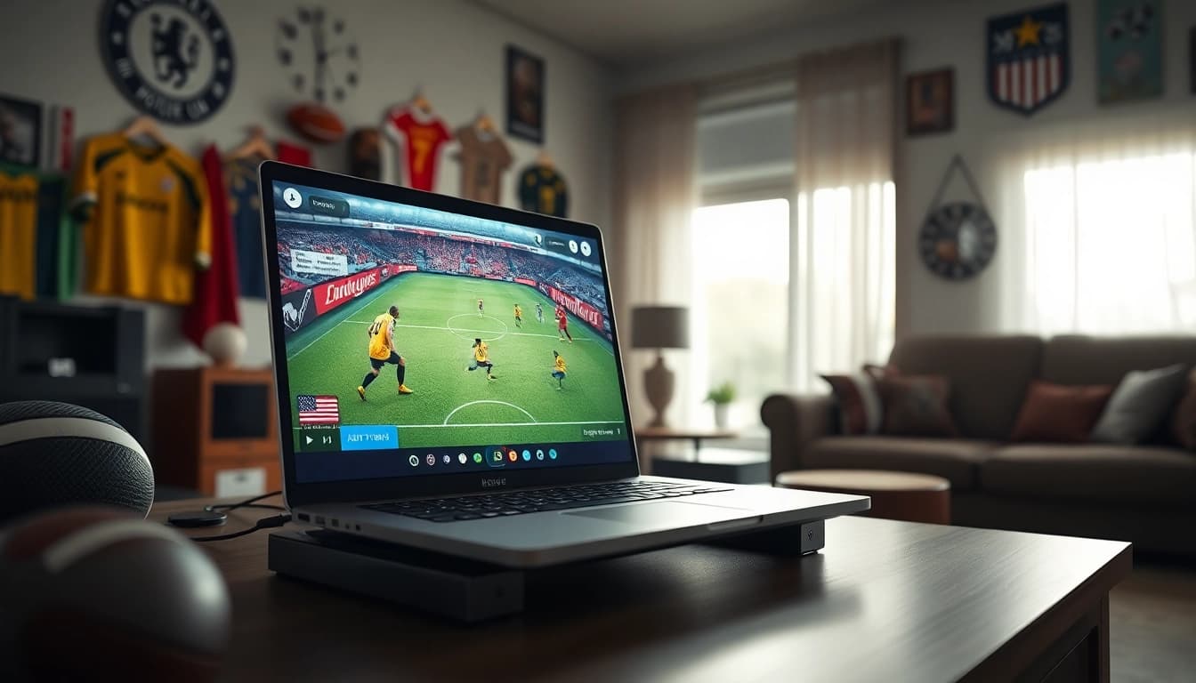 Menonton bolakami secara langsung dengan laptop yang menampilkan pertandingan sepak bola.