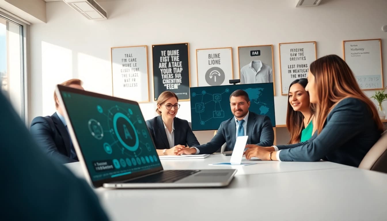 AI that handles meeting follow ups during a virtual meeting with diverse professionals in an office setting.
