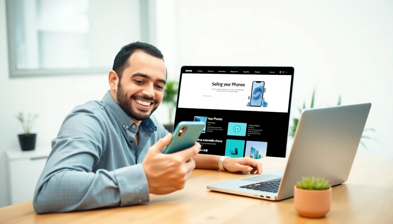 Sell phone cash near me: An individual happily engaged in selling their device online with a laptop.