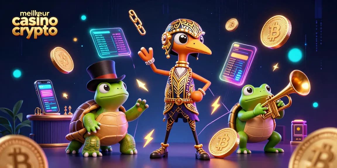 Plongez dans l'univers du meilleur casino crypto avec cette scène animée riche en couleurs et en détails, incorporant des pièces Bitcoin et Ethereum.