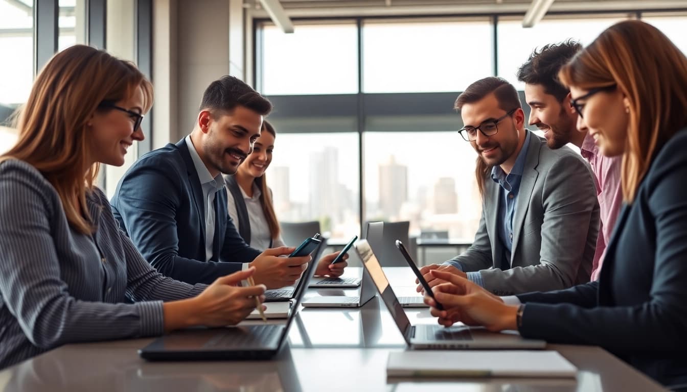 Engaging professionals discussing business mobile services strategies in a modern office setting.