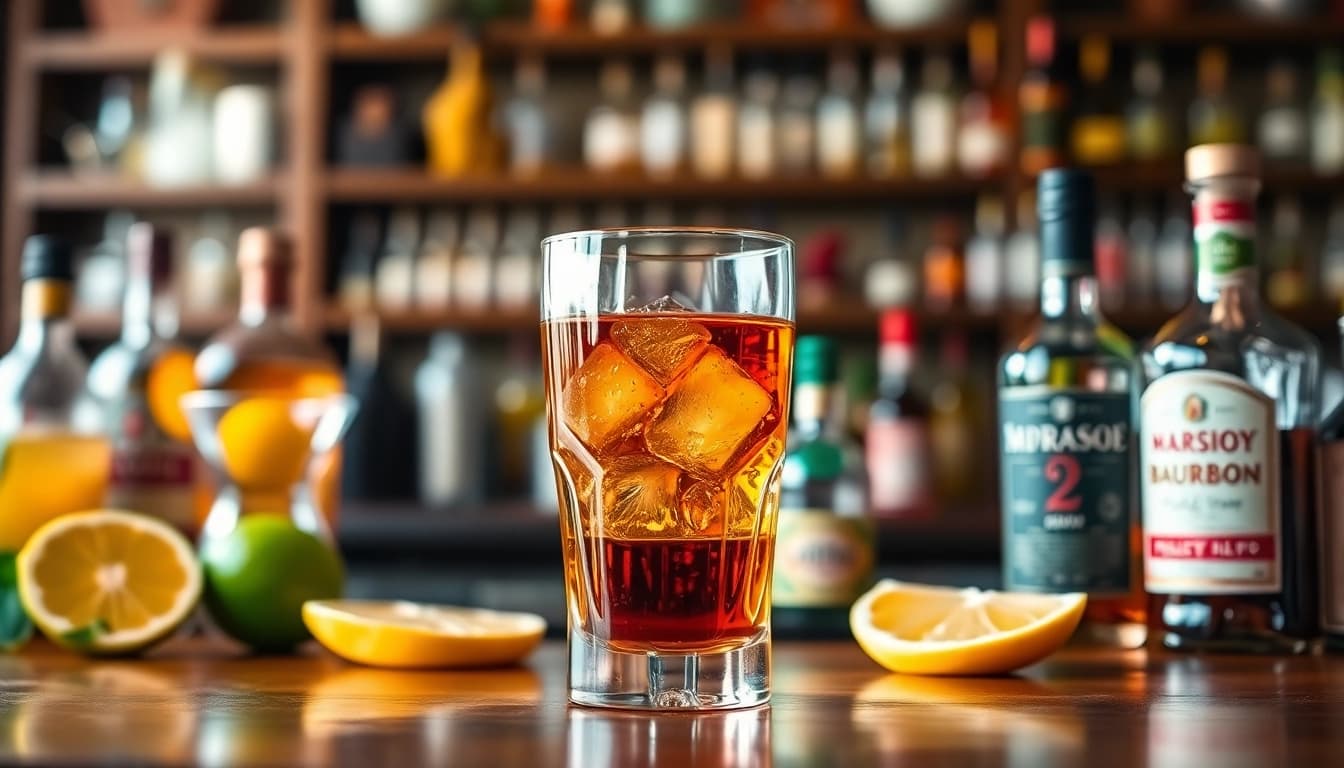 Explore what to mix bourbon whiskey with, featuring a glass of bourbon and vibrant mixers.