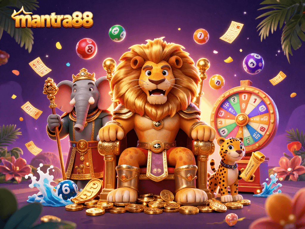 Experience thrilling games at mantra88 with vibrant lottery elements, a lion king, and dynamic visuals.