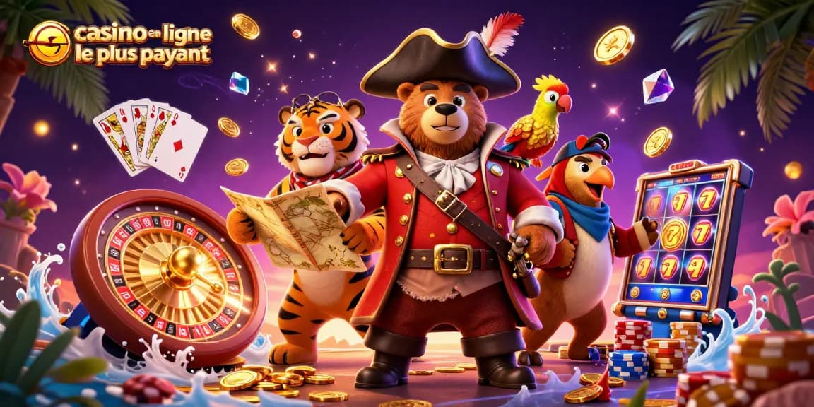 Visualisez un casino en ligne le plus payant avec des personnages animés entourés de pièces d'or et de jeux passionnants.