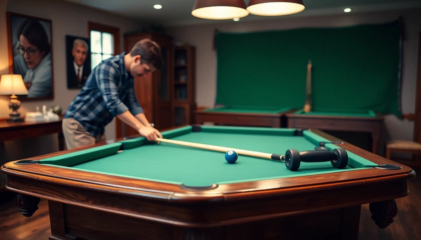Pool table mover carefully disassembling a classic billiard table in a cozy room