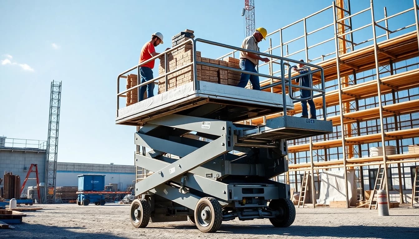 Workers using a scissor lift in construction for material handling and efficiency.