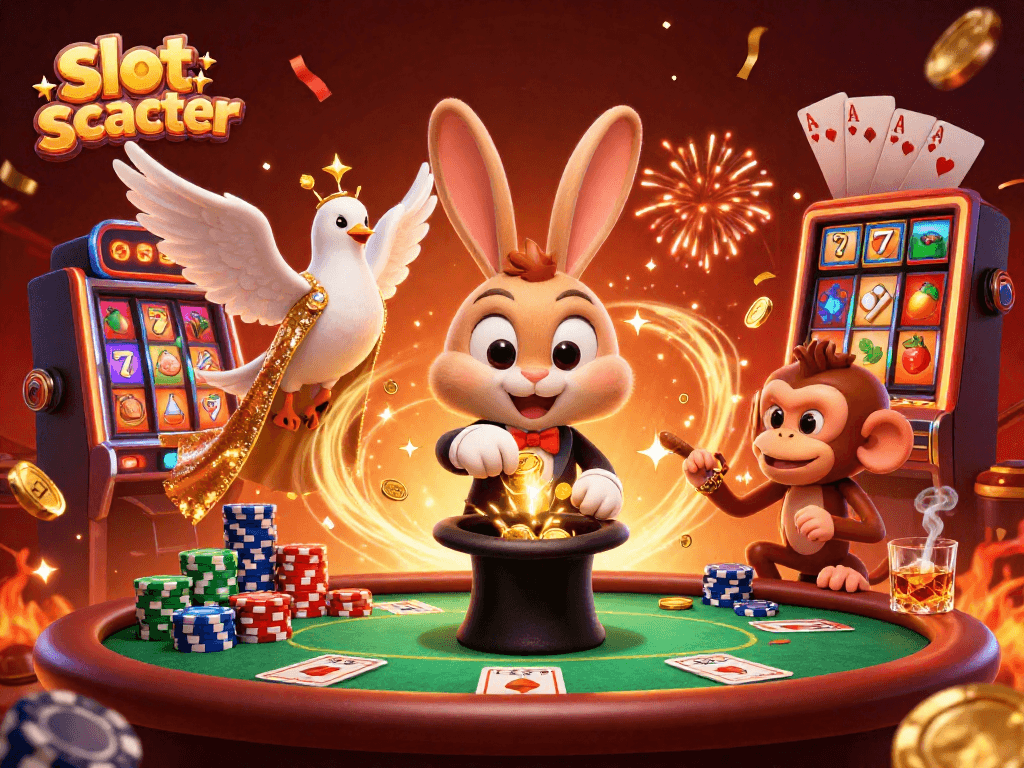 Experience exciting slot scatter wins in a colorful casino scene with magical characters and vibrant game elements.