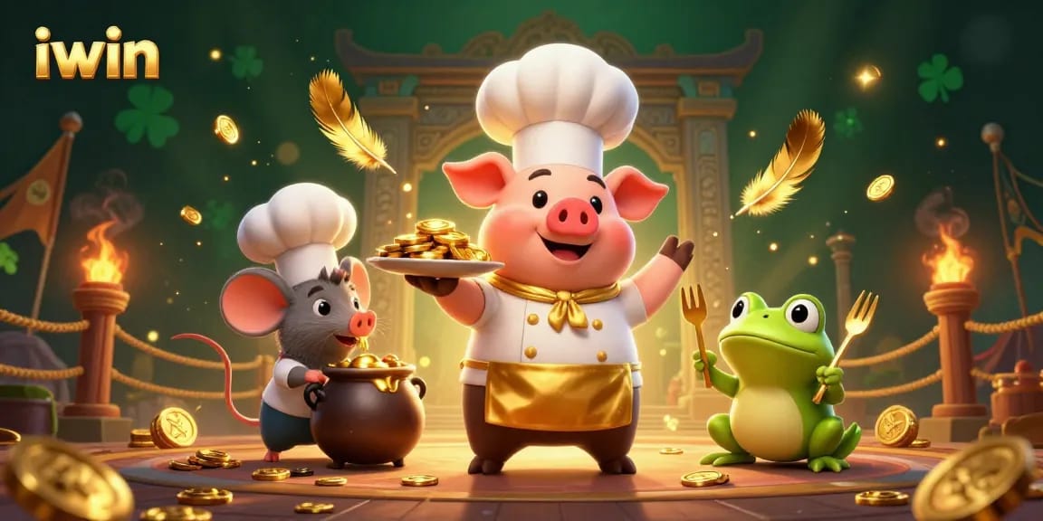 iwin casino scene showcasing chef pig serving gold coins with vibrant gaming elements.
