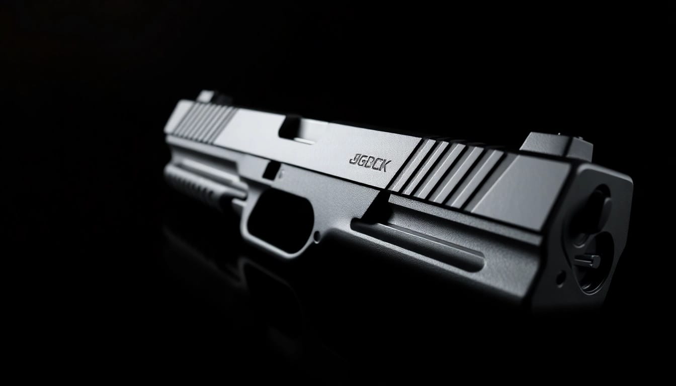 Showcasing a glock 17 slide with detailed metal texture and precise craftsmanship.