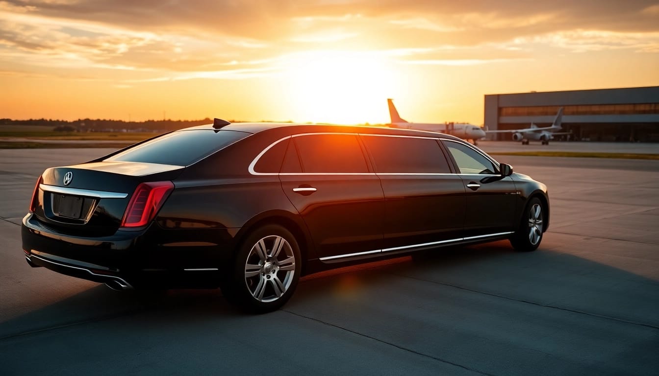 Experience reliable airport limo service TF Green with a luxurious black limousine at sunset.