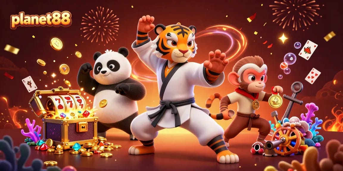 Experience excitement at planet88 with vibrant 3D characters and slot games in a dynamic casino scene.