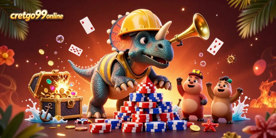 Join the fun at cretgo99online where a triceratops builds a poker chip pyramid amidst casino excitement.