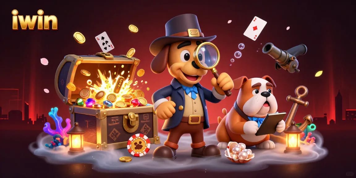 iwin showcases 3D cartoon detective uncovering poker chip treasures in a vibrant casino adventure