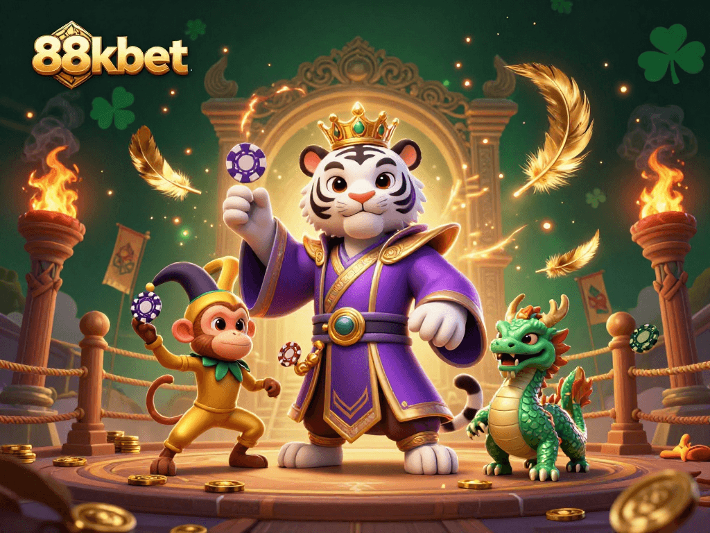 Experience thrilling jackpots at 88kbet with a dynamic illustration of engaging characters and casino elements.