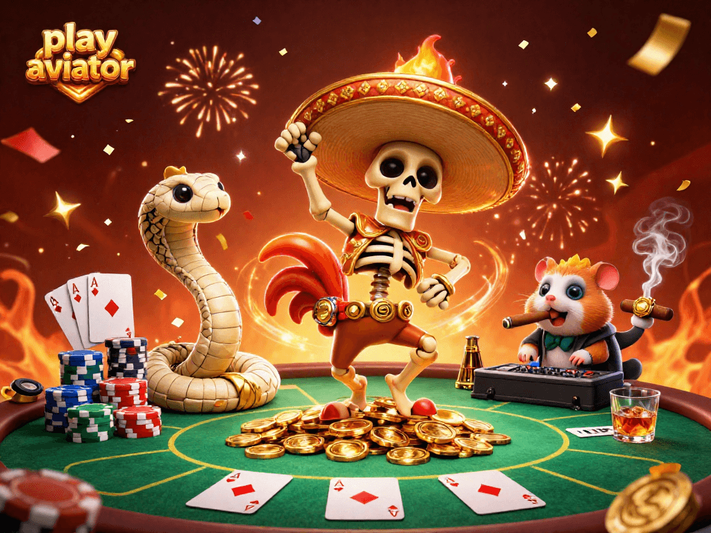 Play Aviator with a vivid scene featuring a skeleton mariachi and vibrant casino elements.