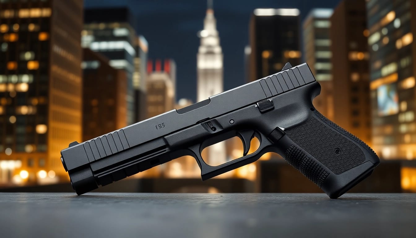 Showcase of a glock 17 gen 5 slide featuring detailed craftsmanship against a blurred city background.