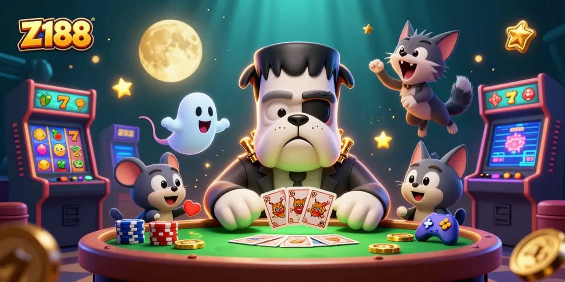Experience thrilling gameplay at Z188 with a lively illustration of iconic casino characters and vibrant slot elements.