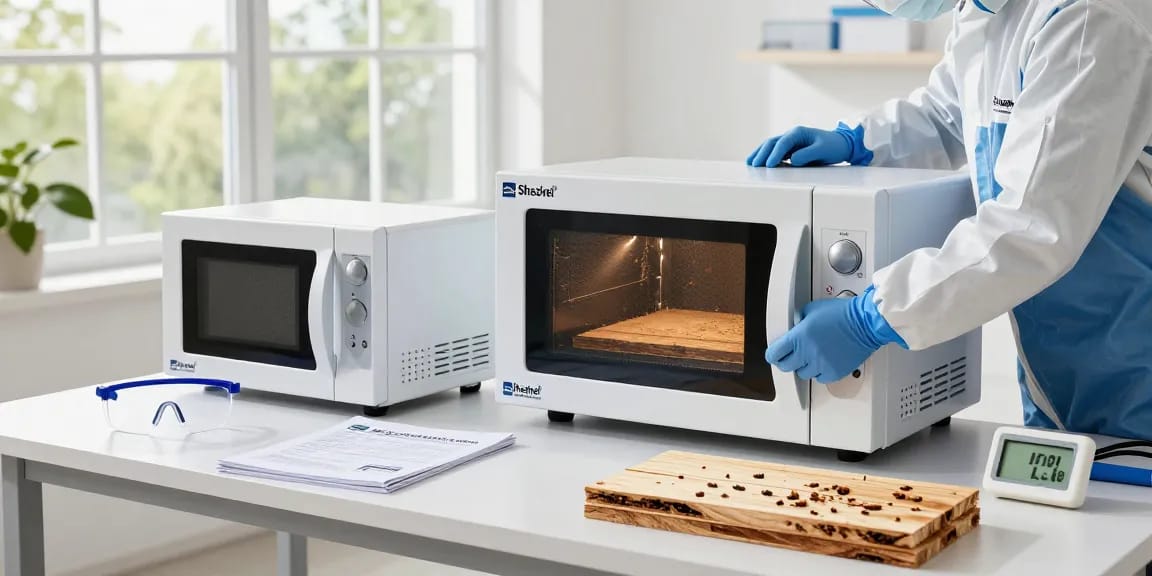 Shashel® microwave pest control technician demonstrating effective wood treatment in a bright industrial setting.