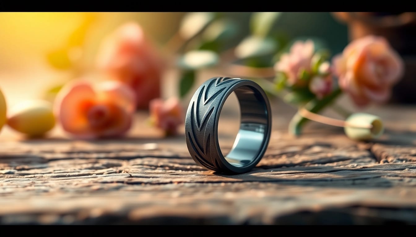 Showcase of Gunmetal Wedding Bands for Men highlighting sleek design against a rustic background.